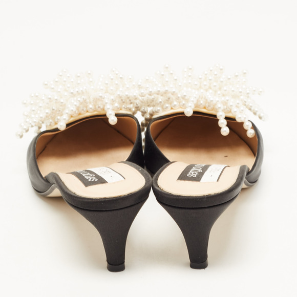 Sergio Rossi x Rosie Assoulin Black Satin Pearl Embellished Mules Size 39.5 - Picture 4 of 8